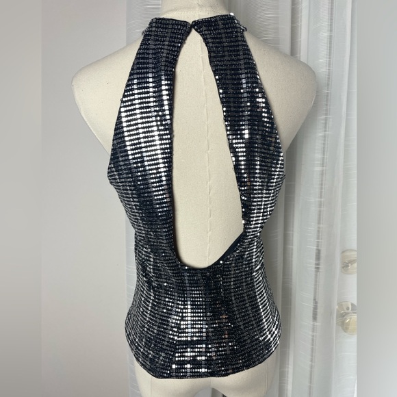 ZARA Metallic Silver & Black Sequin Halter Top Open Back Size Medium - Picture 4 of 9